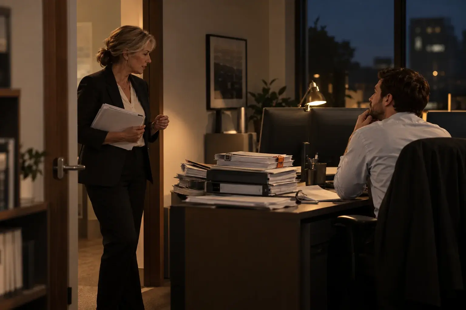 A partner talks with a senior accountant at a desk stacked with client binders.