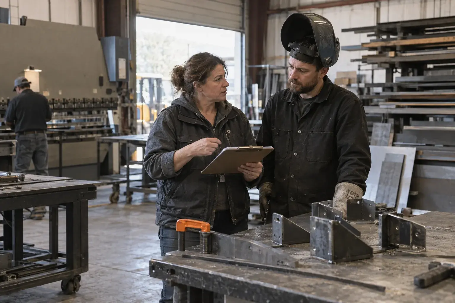 A shop manager with a clipboard talks with a welder beside a workbench.