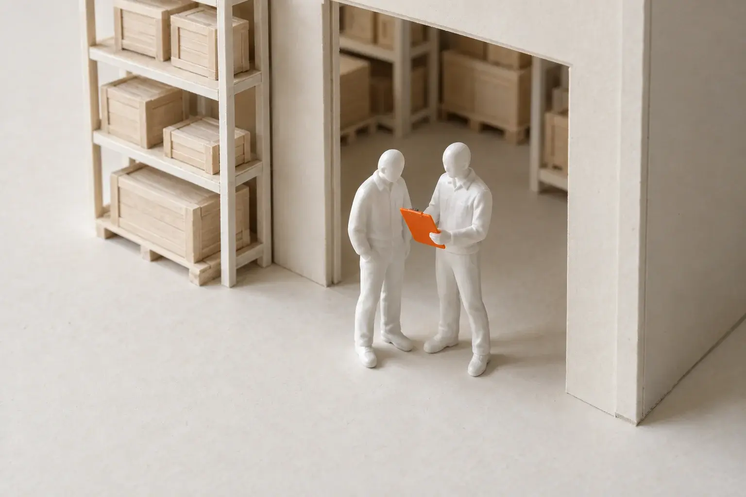 A paper model of two figures reviewing a clipboard at the doorway of a small warehouse.