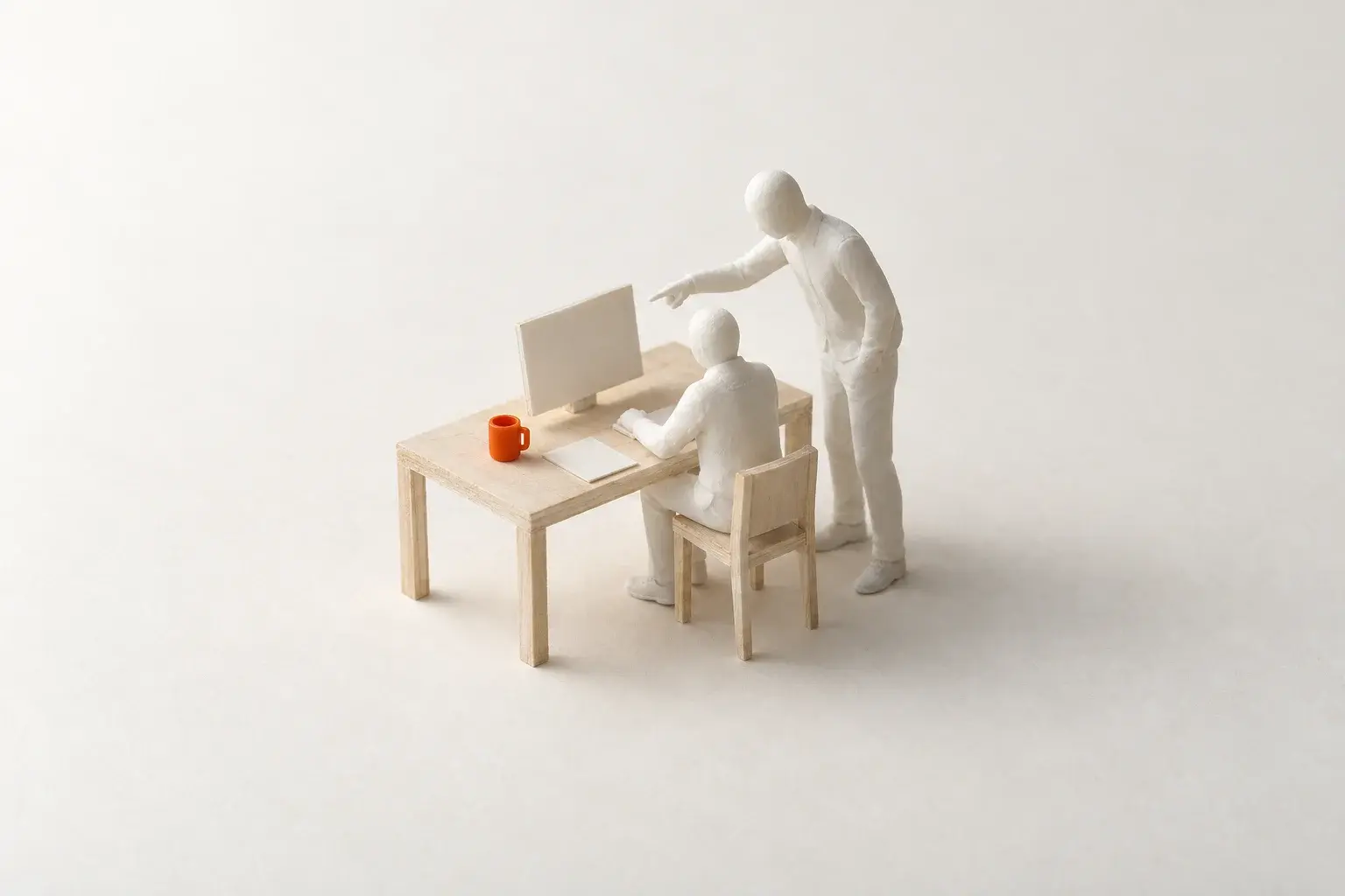 A paper model of one figure at a desk while a second figure leans in and points at the screen.