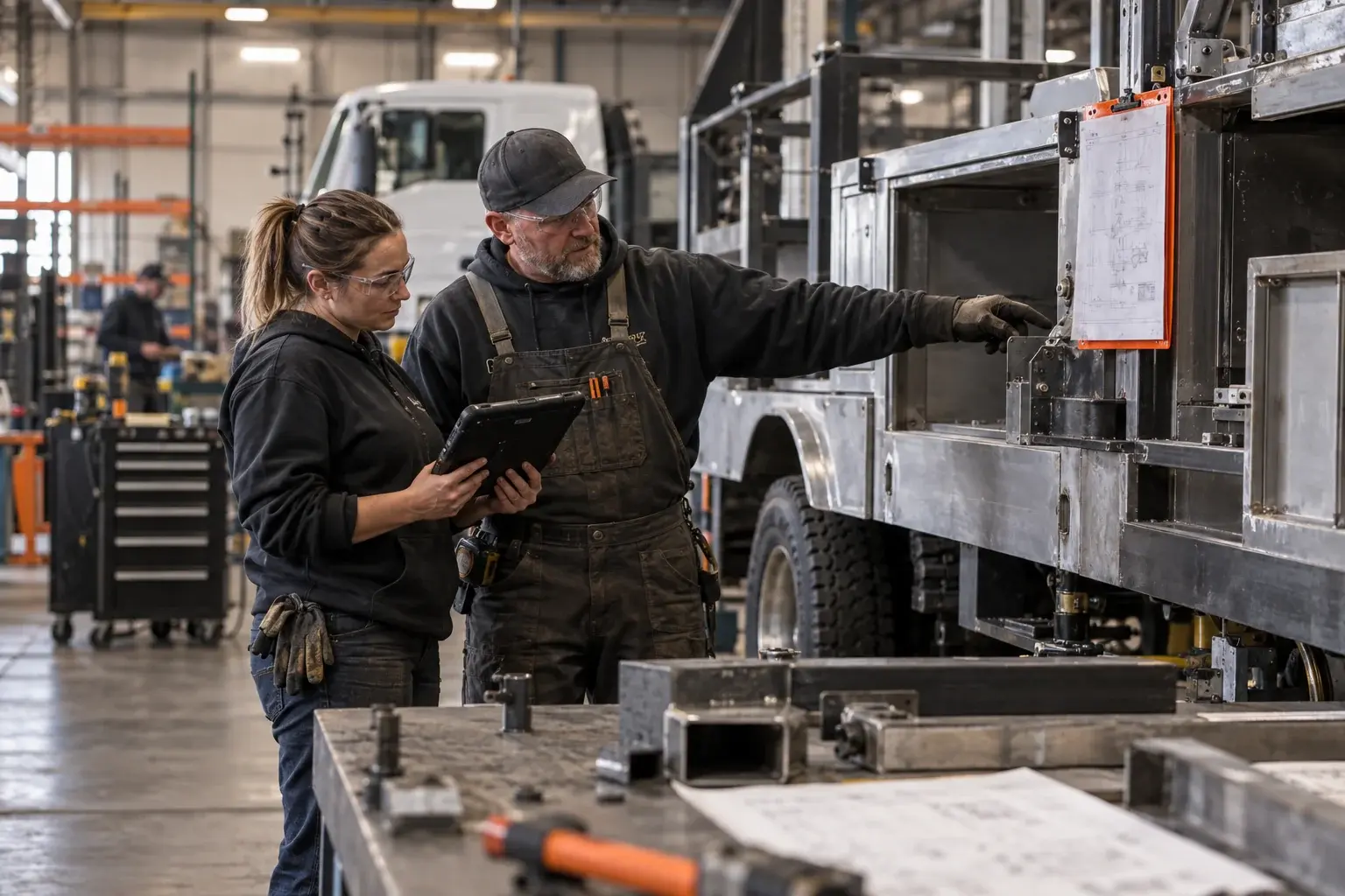 A production lead and operator review an active job beside a specialty vehicle under construction.