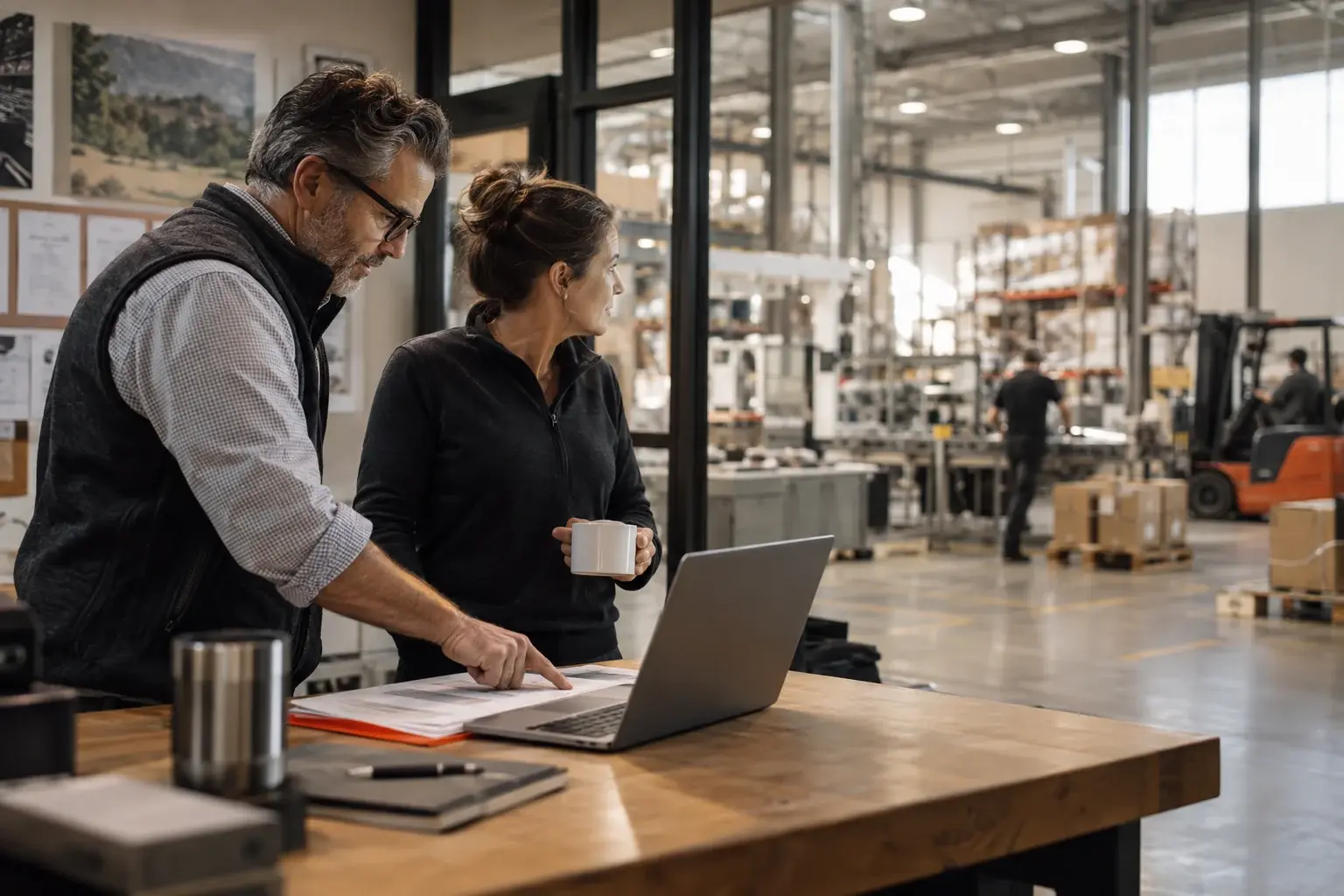 Two business leaders review operating plans beside an active manufacturing floor.
