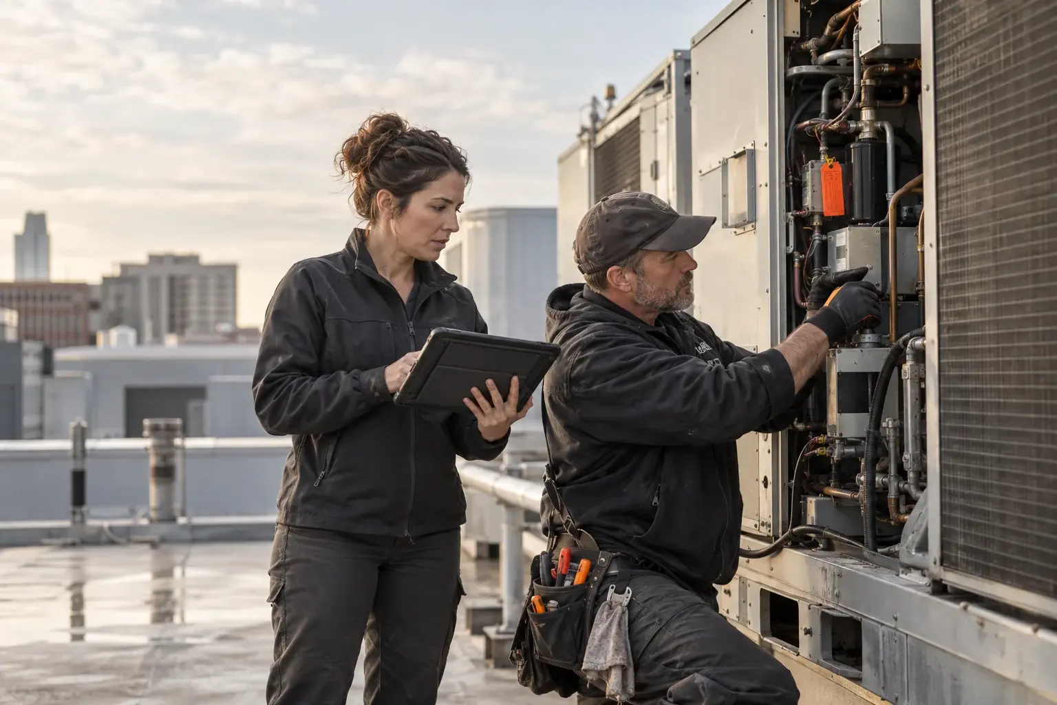 A field technician and site lead coordinate work on rooftop HVAC equipment.