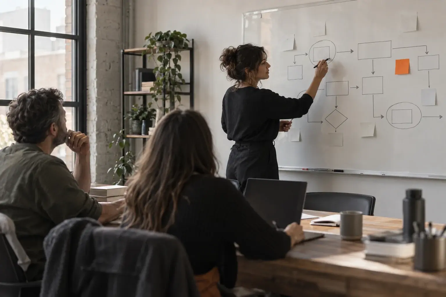 A delivery lead maps how a scope change gets approved on a whiteboard and circles two workarounds while two colleagues ask questions.