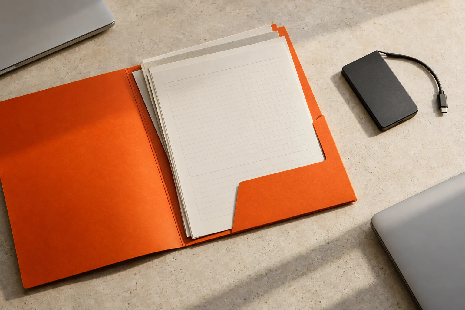An orange folder, company papers, and a portable drive between two laptops.