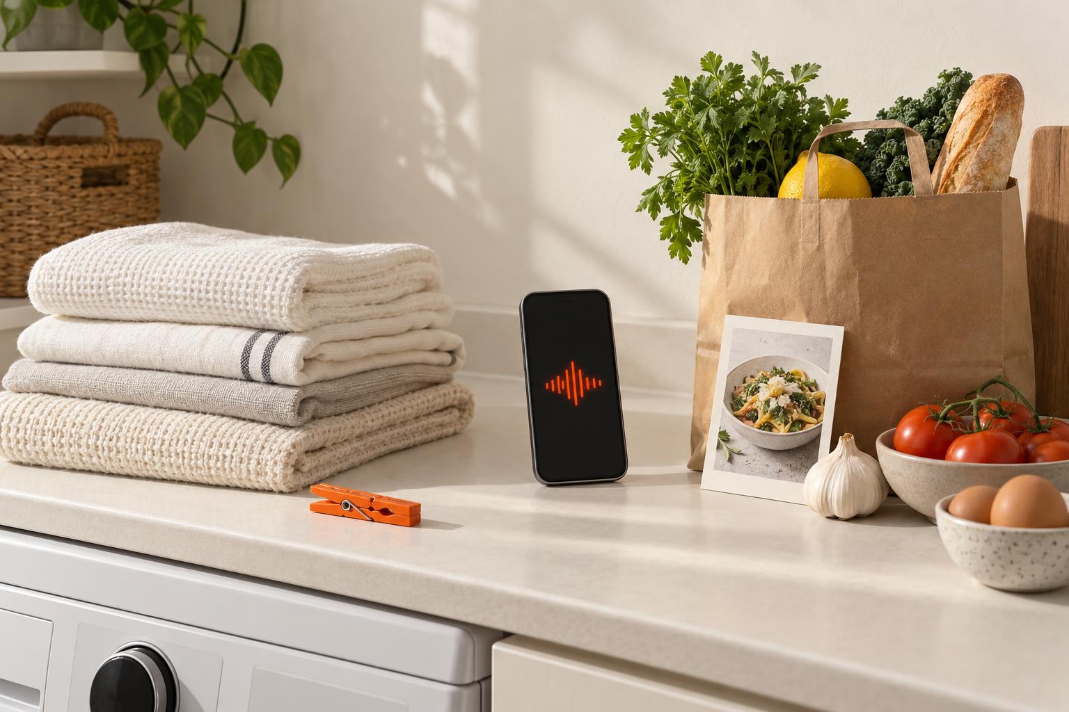 Conceptual illustration of planning groceries with a voice assistant while doing laundry.
