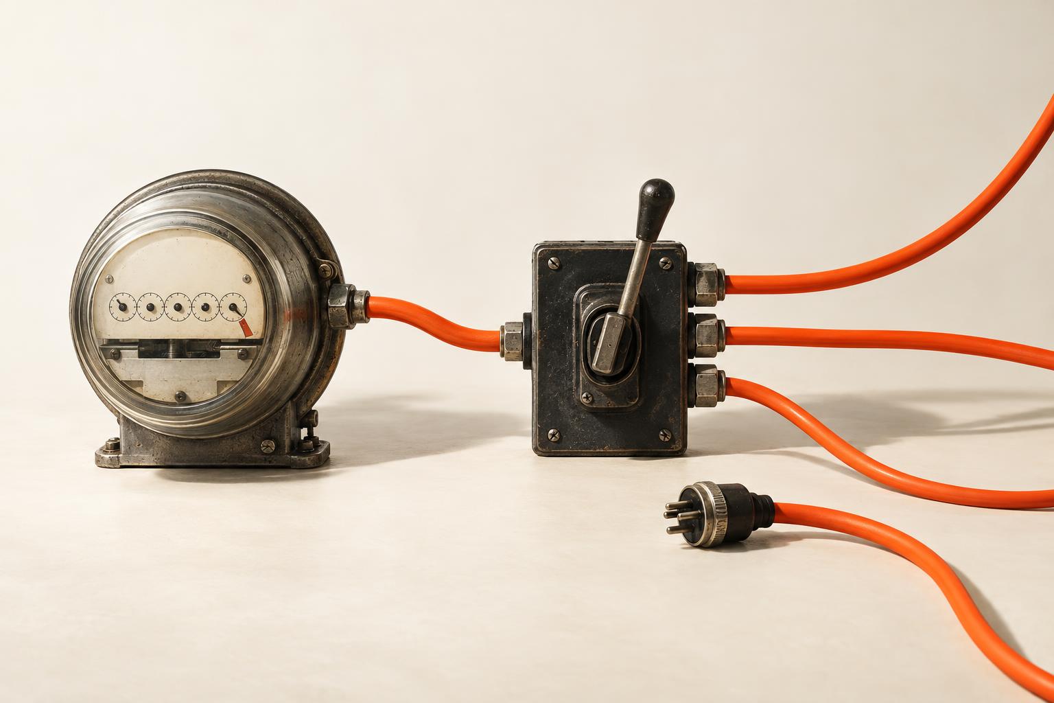 An electricity meter connected to an improvised switchboard with orange cables.