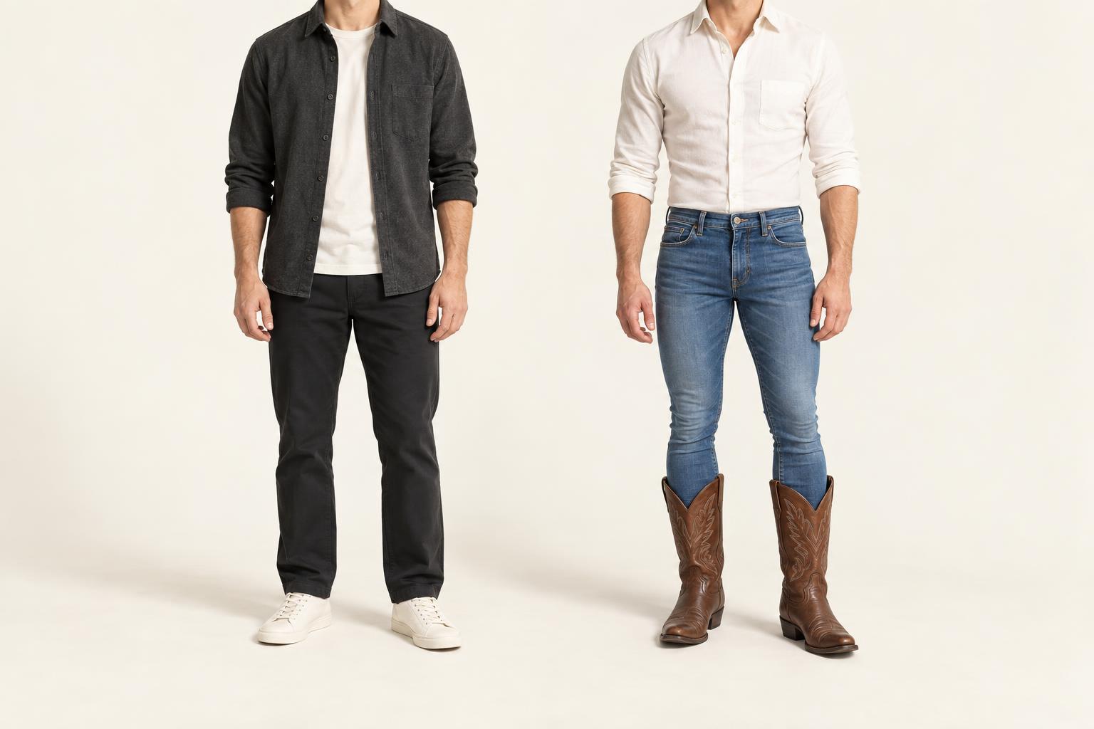 Two anonymous neck-down figures: a relaxed neutral outfit alongside tight jeans tucked into tall brown boots.