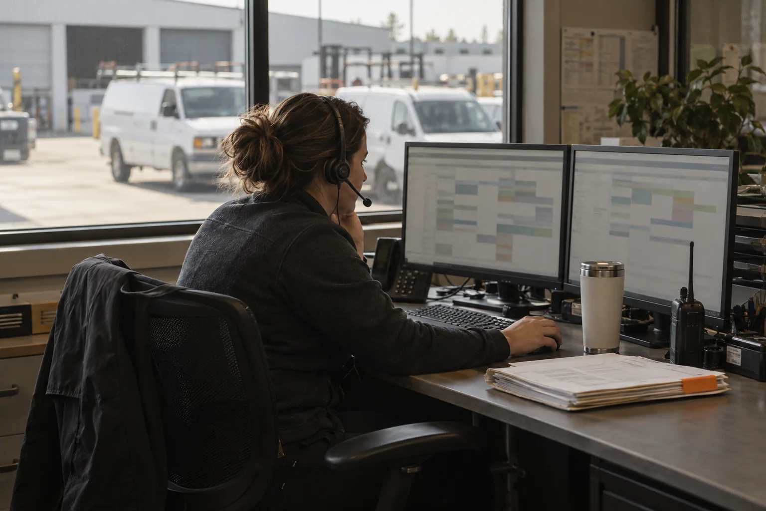 A dispatcher on a headset at a desk with two monitors, service vans in the yard outside