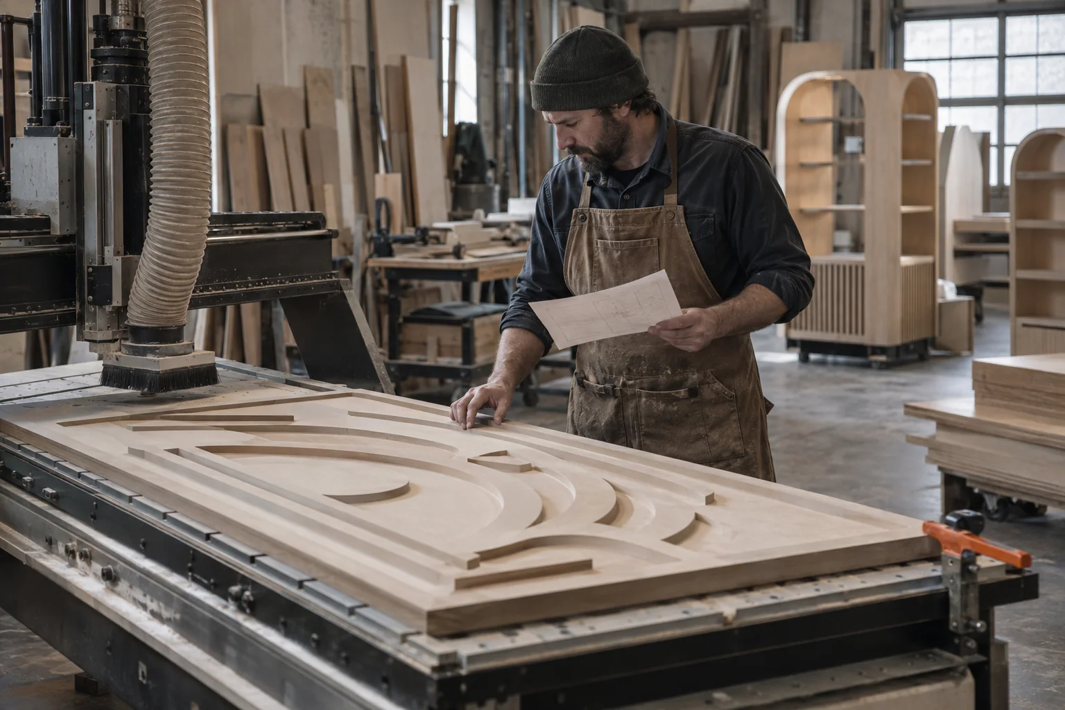 A shop lead checking a job ticket against a routed panel on a CNC table