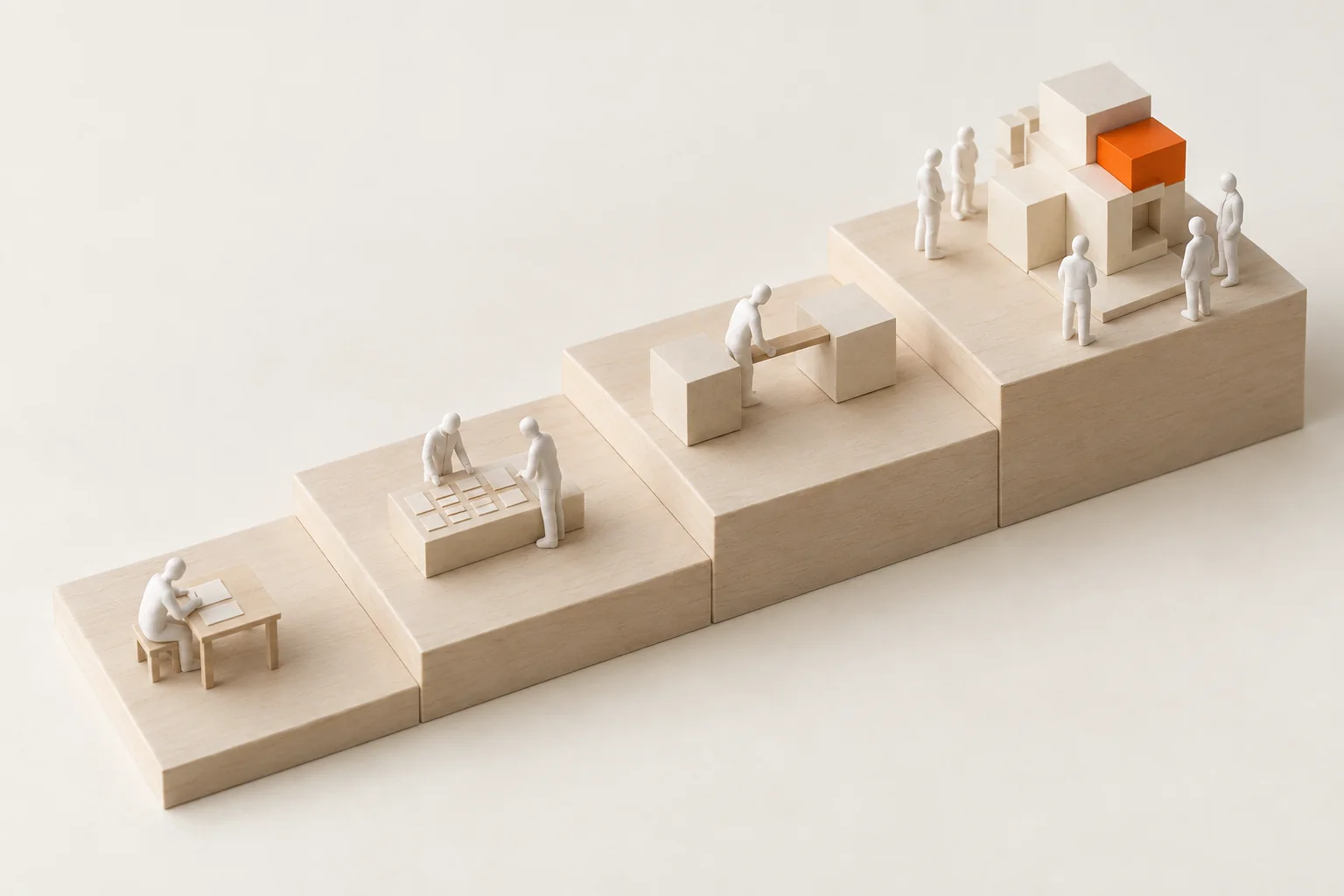 A paper model of four rising platforms: one figure writing at a desk, two studying a map of cards, one joining two blocks, and a group around a larger building