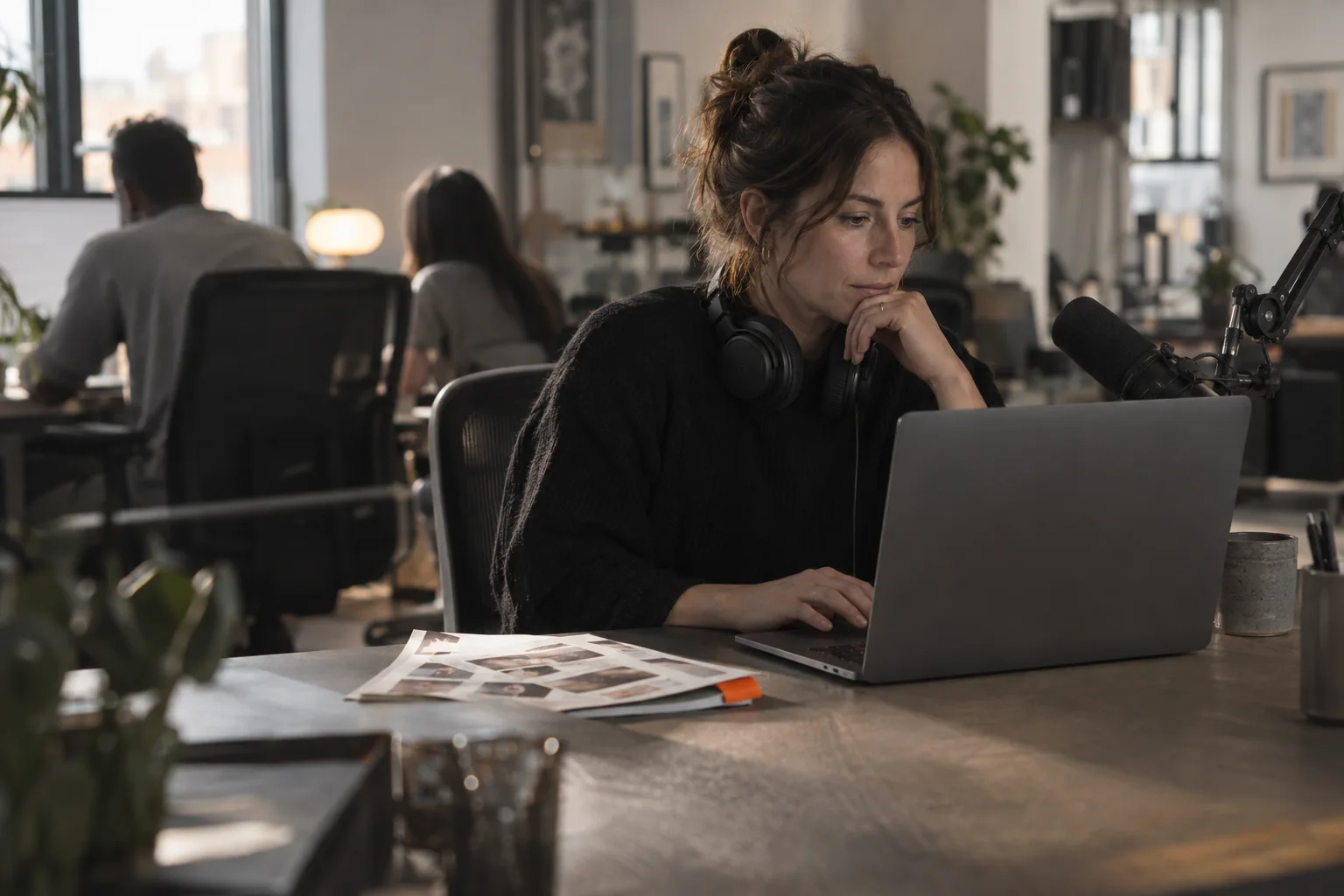 An ad sales seller with headphones around her neck working at a laptop, a podcast microphone on the desk beside her