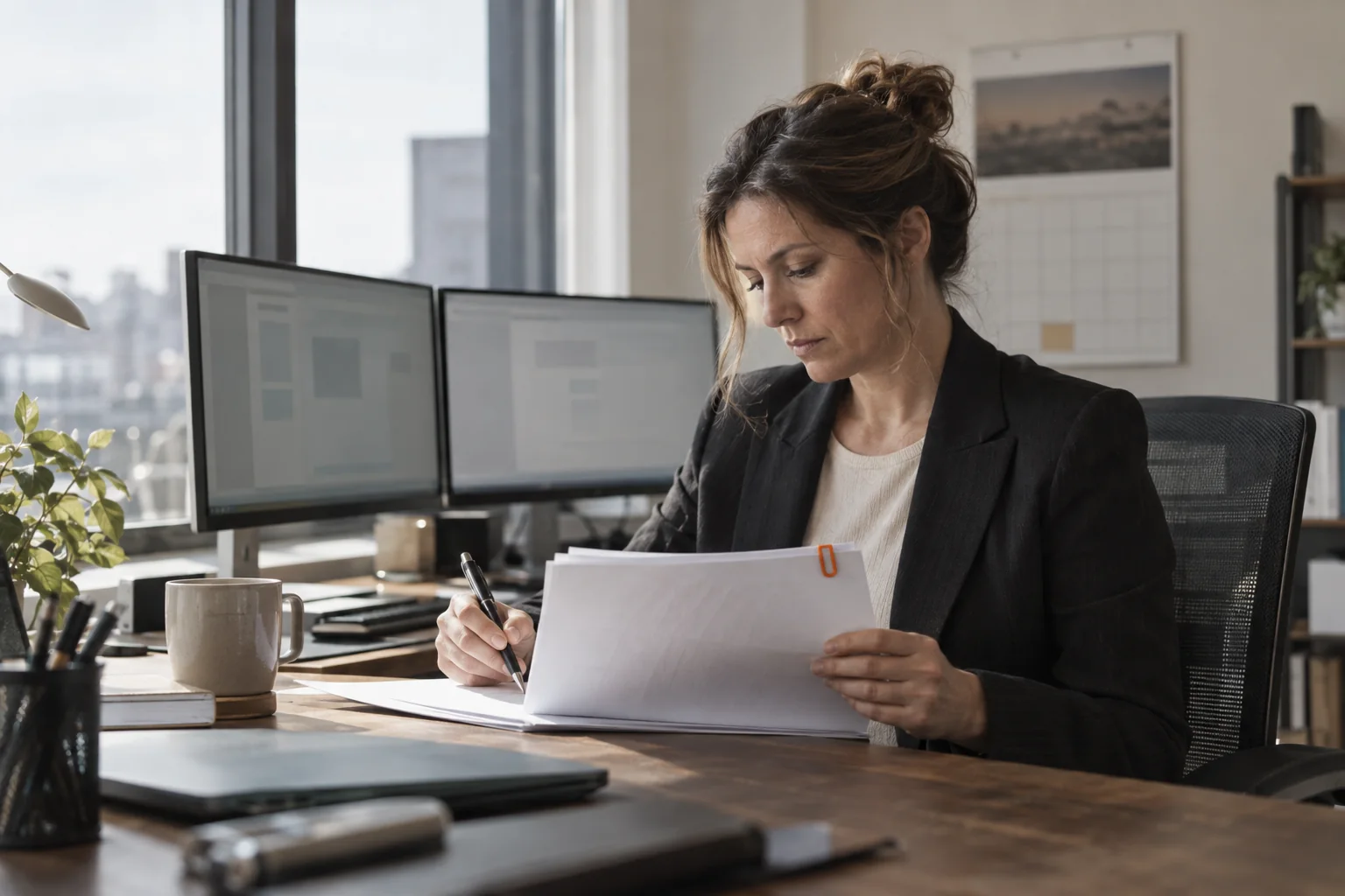 An operations manager at her desk going through a short stack of printed contracts, pen in hand