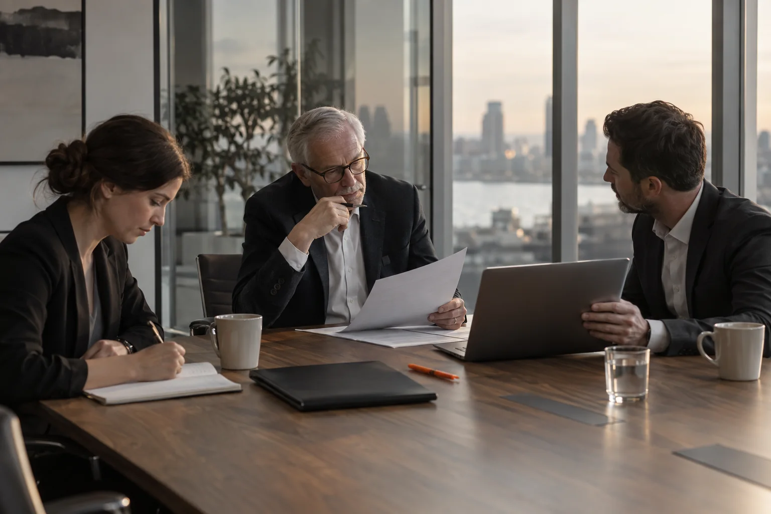 Three colleagues at a conference table: a partner reads a printed draft while one turns a laptop toward him and another takes notes