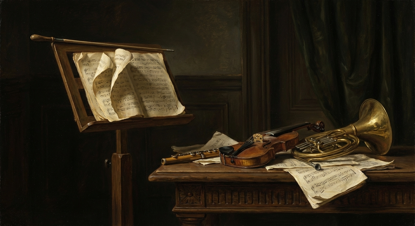 Classical still life with orchestral instruments
